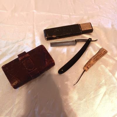 BARBERS SPECIAL STRAIGHT EDGE RAZOR, ANTLER HANDLED PICK AND A LEATHER WALLET