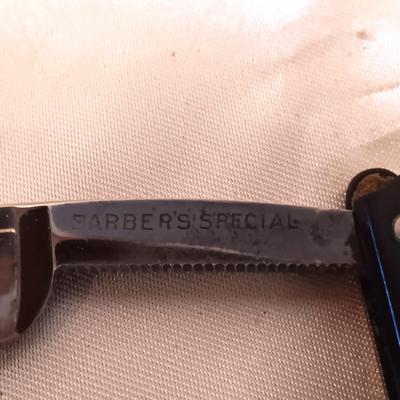 BARBERS SPECIAL STRAIGHT EDGE RAZOR, ANTLER HANDLED PICK AND A LEATHER WALLET