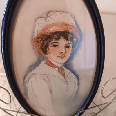 COMICAL PICTURE OF COWBOY ON HORSE BY ACE REID, SW THEMED PAINTED GLASS AND SKETCH OF A LADY