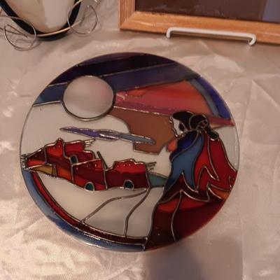 COMICAL PICTURE OF COWBOY ON HORSE BY ACE REID, SW THEMED PAINTED GLASS AND SKETCH OF A LADY