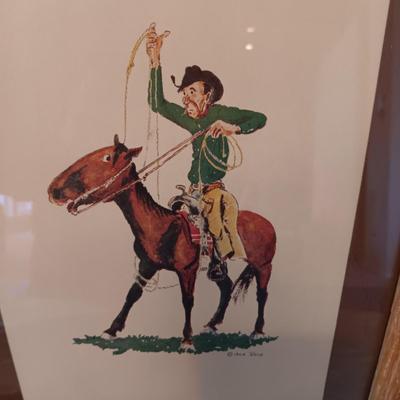 COMICAL PICTURE OF COWBOY ON HORSE BY ACE REID, SW THEMED PAINTED GLASS AND SKETCH OF A LADY