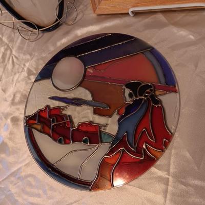 COMICAL PICTURE OF COWBOY ON HORSE BY ACE REID, SW THEMED PAINTED GLASS AND SKETCH OF A LADY