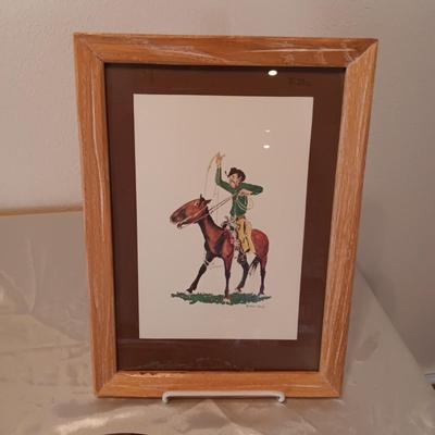 COMICAL PICTURE OF COWBOY ON HORSE BY ACE REID, SW THEMED PAINTED GLASS AND SKETCH OF A LADY