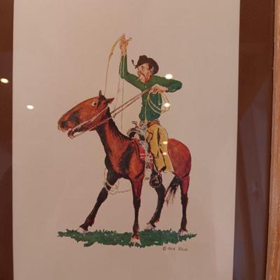COMICAL PICTURE OF COWBOY ON HORSE BY ACE REID, SW THEMED PAINTED GLASS AND SKETCH OF A LADY