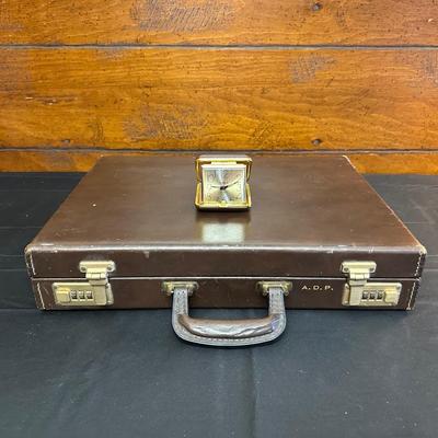 Vintage Top Grain Saddle Leather Briefcase and Timex Travel Alarmclock