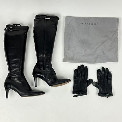 555 RALPH LAUREN Leather Knee High Heel Boots and Gloves