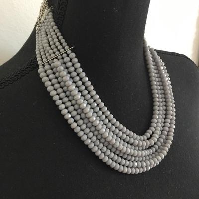 Beautiful, silver tone, gray glass, beaded statement necklace