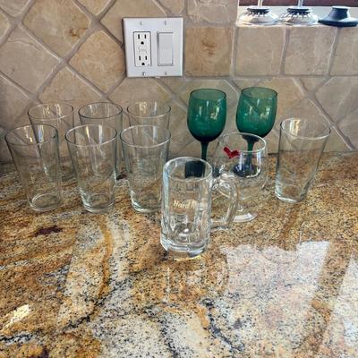 Lot 99 Miscellaneous clear glassware and 2 green wine glasses
