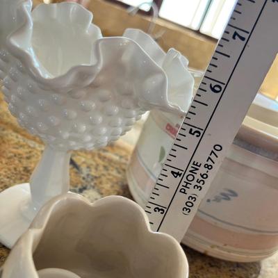 Lot 112 small crock pot, heart tray and Fenton milk glass pedestal bowl