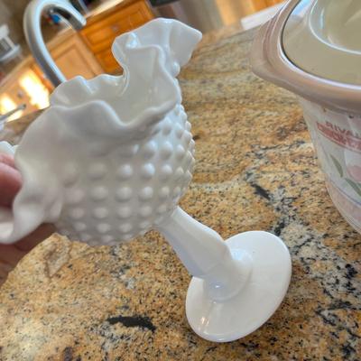 Lot 112 small crock pot, heart tray and Fenton milk glass pedestal bowl