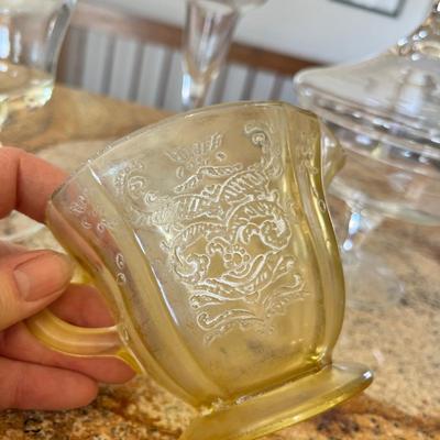 Lot 113 Clear glass candy bowls, gold tones pitcher, vase?