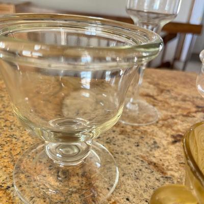 Lot 113 Clear glass candy bowls, gold tones pitcher, vase?
