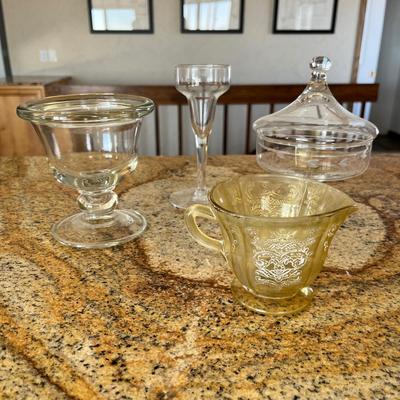 Lot 113 Clear glass candy bowls, gold tones pitcher, vase?
