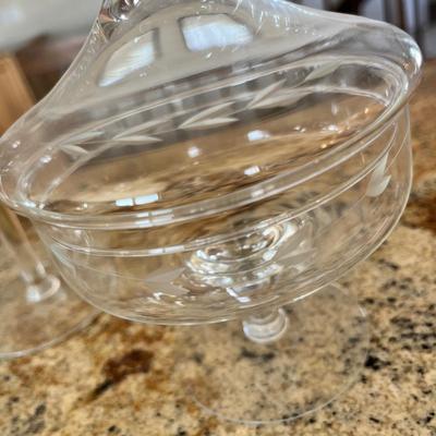 Lot 113 Clear glass candy bowls, gold tones pitcher, vase?