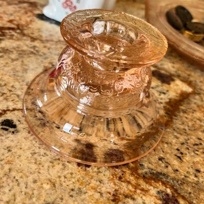 Lot 114 Rose colored glass bowl with buttons and cat teapot