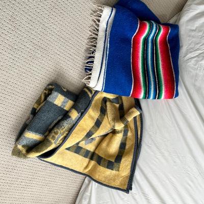 Lot 132 throw blankets 1 farmland fleece, 1 wool blue and white