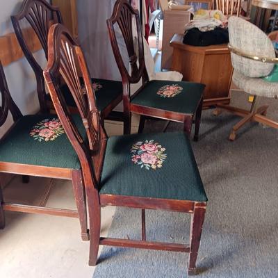 4 HANDCRAFTED NEEDLEPOINT CUSHION DINING CHAIRS