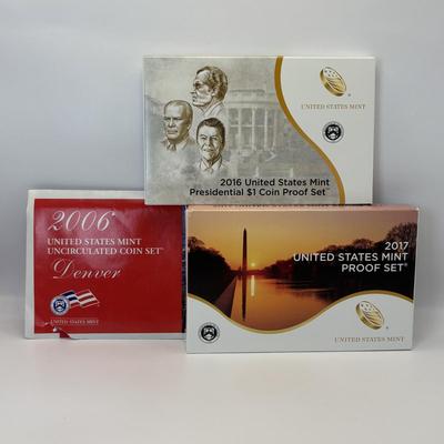LOT:247: 2017 US Mint Proof Set, 2016 US Miny Presidential $1 Coin Proof Set, 2006 US MInt Uncirculated Coin Set Denver