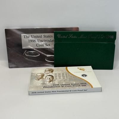 LOT249: 2016 US Mint Presidential $1 Coin Proof Set, 1996 US Mint Uncirculated Coin Set, Us MInt Proof Set 1998