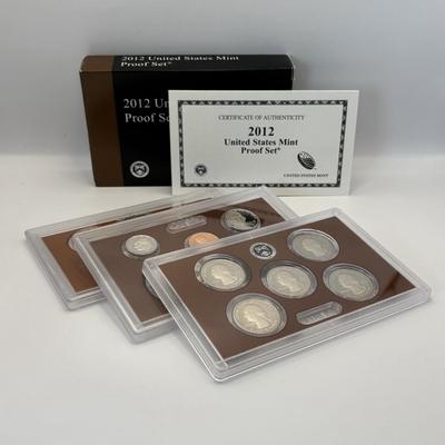 LOT 259: 2012 US Mint 2012 America the Beautiful Quarter Proof Set, 2011 US Mint Presidential $1 Coin Proof Set and US MInt 2012 Proof Set