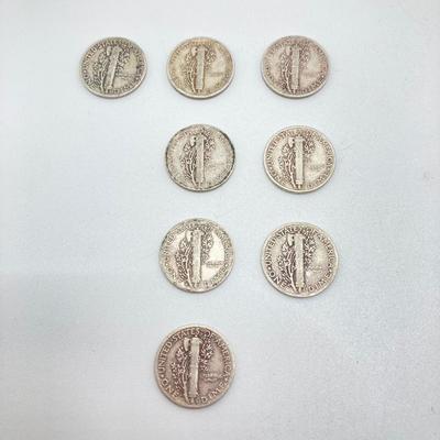 LOT 276j2: Eight Silver US Mercury Dime Coins and Three Silver US Washington Quarter Coins