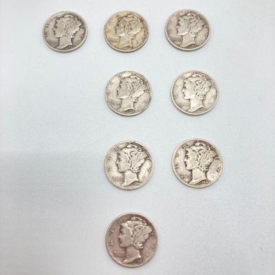 LOT 276j2: Eight Silver US Mercury Dime Coins and Three Silver US Washington Quarter Coins