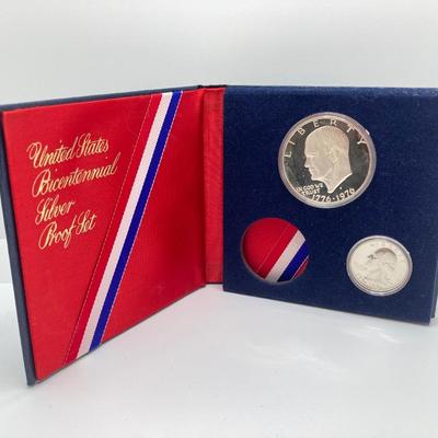 LOT 280j2: US Mint Silver Bicentennial 1776 - 1976 Eisenhower Dollar and Washington Quarter Coins, The Mini Sterling Silver Coin and...