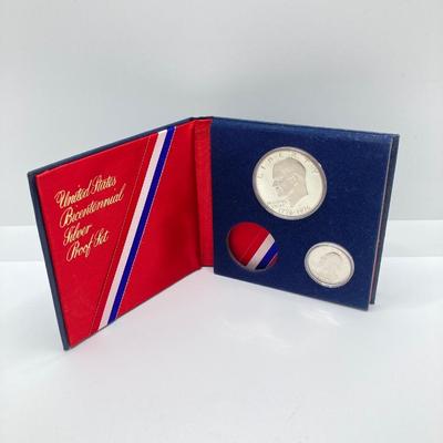 LOT 280j2: US Mint Silver Bicentennial 1776 - 1976 Eisenhower Dollar and Washington Quarter Coins, The Mini Sterling Silver Coin and...