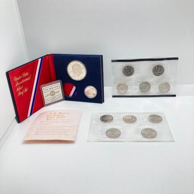 LOT 280j2: US Mint Silver Bicentennial 1776 - 1976 Eisenhower Dollar and Washington Quarter Coins, The Mini Sterling Silver Coin and...