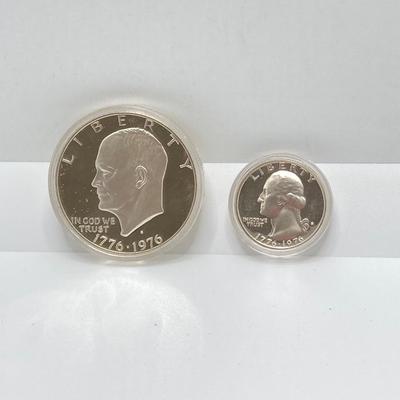 LOT 280j2: US Mint Silver Bicentennial 1776 - 1976 Eisenhower Dollar and Washington Quarter Coins, The Mini Sterling Silver Coin and...