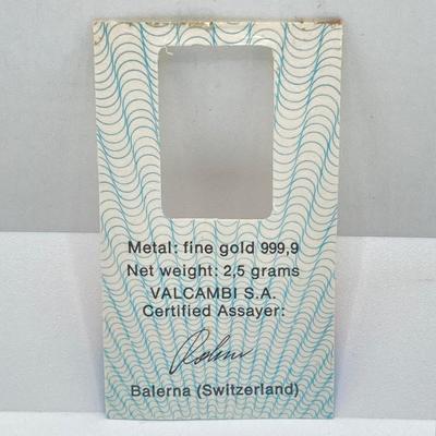 LOT 281j2: .999 Fine Gold 2.5g Credit Suisse Zurich Assay Certificate Pendant