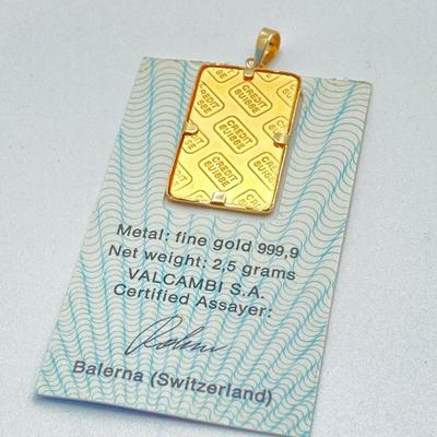 LOT 281j2: .999 Fine Gold 2.5g Credit Suisse Zurich Assay Certificate Pendant