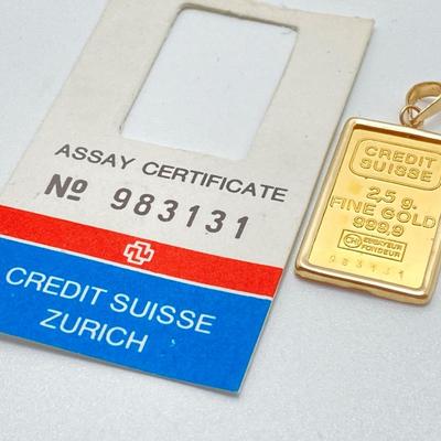 LOT 281j2: .999 Fine Gold 2.5g Credit Suisse Zurich Assay Certificate Pendant