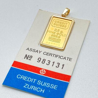 LOT 281j2: .999 Fine Gold 2.5g Credit Suisse Zurich Assay Certificate Pendant