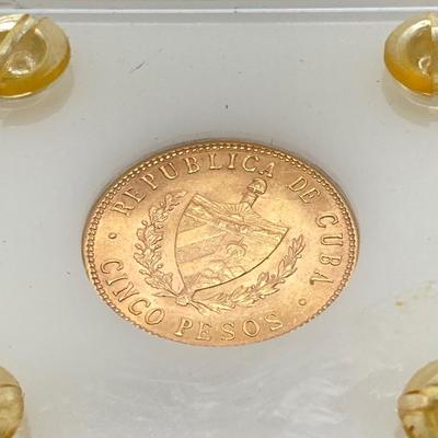 LOT 286j2: 1915 Cuban Cinco (5) Pesos gold coin
