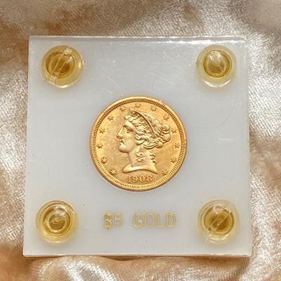 LOT 287j2: 1908 US Gold Liberty Head Coin $5