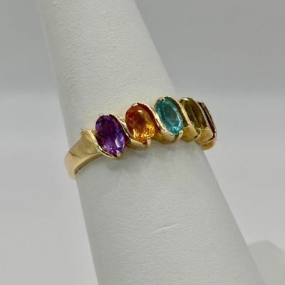 LOT 298: 14 K Gold (tested) Ring Semi-Precious Gemstone Anethyst, Blue Topaz, Peridot, Garnet Size 6 - 2.1 gtw