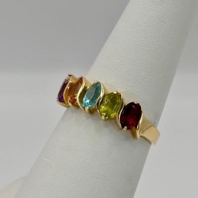 LOT 298: 14 K Gold (tested) Ring Semi-Precious Gemstone Anethyst, Blue Topaz, Peridot, Garnet Size 6 - 2.1 gtw