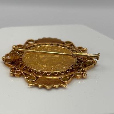 LOT 303: Antique 18 K Gold (Tested) 1916 Cuban 5 Peso Gold Coin Brooch with Trombone Clasp 15.3 g