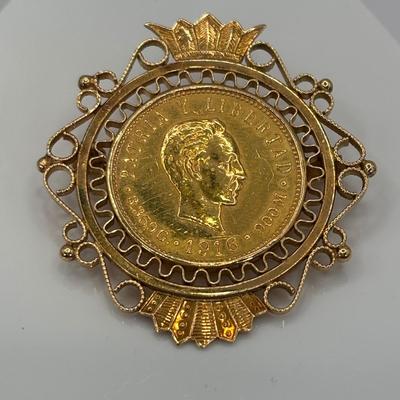 LOT 303: Antique 18 K Gold (Tested) 1916 Cuban 5 Peso Gold Coin Brooch with Trombone Clasp 15.3 g