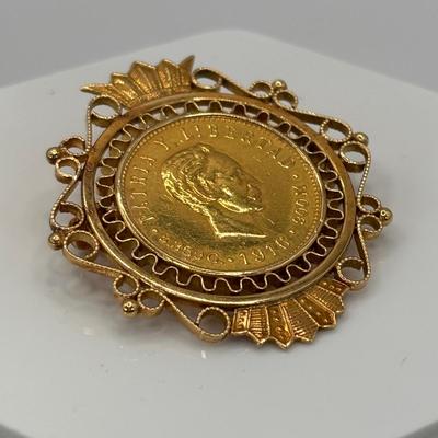 LOT 303: Antique 18 K Gold (Tested) 1916 Cuban 5 Peso Gold Coin Brooch with Trombone Clasp 15.3 g