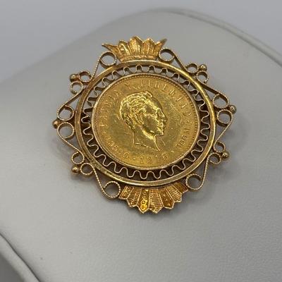LOT 303: Antique 18 K Gold (Tested) 1916 Cuban 5 Peso Gold Coin Brooch with Trombone Clasp 15.3 g