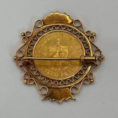LOT 303: Antique 18 K Gold (Tested) 1916 Cuban 5 Peso Gold Coin Brooch with Trombone Clasp 15.3 g