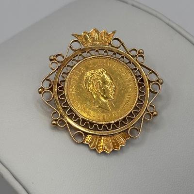 LOT 303: Antique 18 K Gold (Tested) 1916 Cuban 5 Peso Gold Coin Brooch with Trombone Clasp 15.3 g