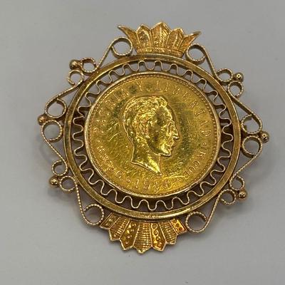 LOT 303: Antique 18 K Gold (Tested) 1916 Cuban 5 Peso Gold Coin Brooch with Trombone Clasp 15.3 g