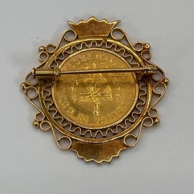 LOT 303: Antique 18 K Gold (Tested) 1916 Cuban 5 Peso Gold Coin Brooch with Trombone Clasp 15.3 g