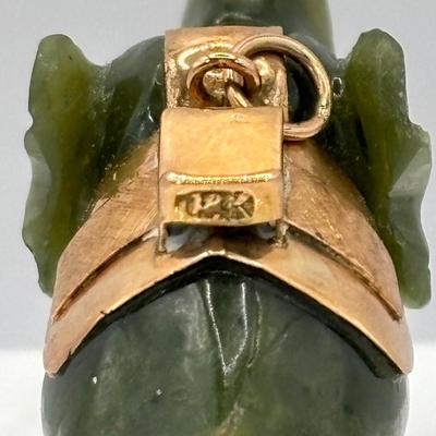 LOT 305:Vintage Large Carved Nephite Jade Elephant Good Luck Amulet/Pendant/Charm with 14K Gold Saddle 2" Wide adn 1.5" High...