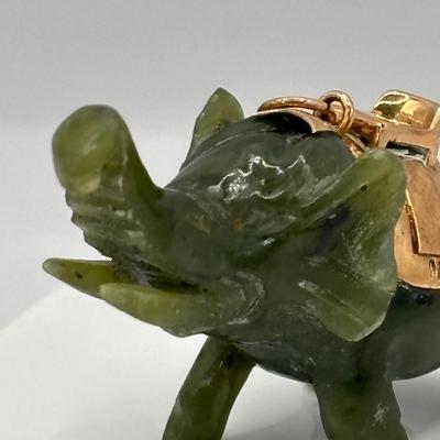 LOT 305:Vintage Large Carved Nephite Jade Elephant Good Luck Amulet/Pendant/Charm with 14K Gold Saddle 2" Wide adn 1.5" High...