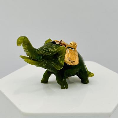 LOT 305:Vintage Large Carved Nephite Jade Elephant Good Luck Amulet/Pendant/Charm with 14K Gold Saddle 2" Wide adn 1.5" High...