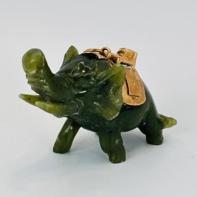 LOT 305:Vintage Large Carved Nephite Jade Elephant Good Luck Amulet/Pendant/Charm with 14K Gold Saddle 2" Wide adn 1.5" High...